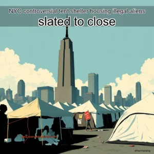 Artistic representation for NYC controversial tent shelter housing illegal aliens slated to close